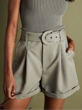 Anine Bing Becky Wool Trouser Shorts Belted Pleated High Rise in Green Khaki 40